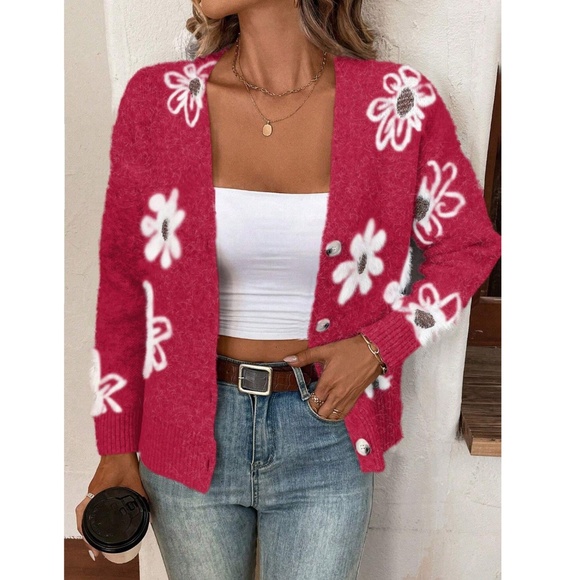 Red Cardigan Knit Flower Textured Button Front  Stretchy, Soft - Picture 3 of 9